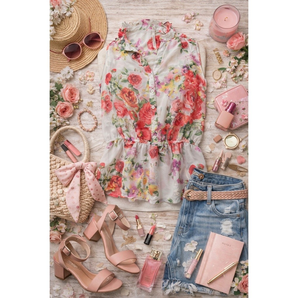 Bellatrix Floral Peplum Blouse Wms XS White Red Sleeveless Cottagecore Chiffon